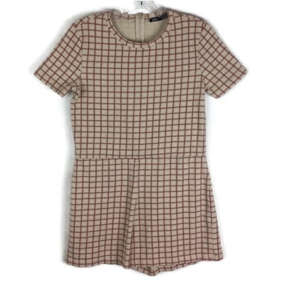 Zara Crew Neck Square Check Short Sleeve Romper in Beige/Red